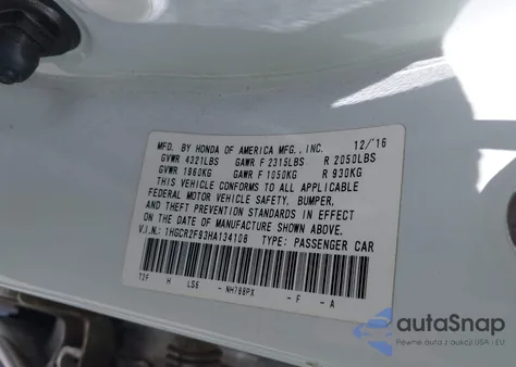 2017 Honda Accord Exl from USA, damaged, VIN 1HGCR2F93HA134108